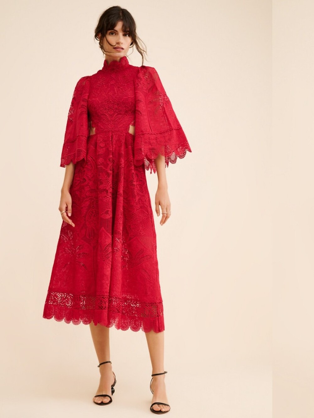 FARM Rio GIUPIR LACE CUT OUT Red Crochet Midi Dress SIZE SMALL NEW